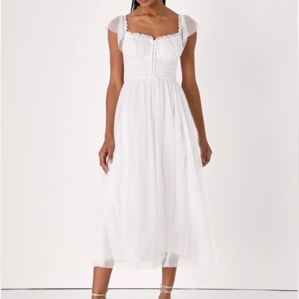 White Midi Swiss Dot Cap-Sleeve Dress